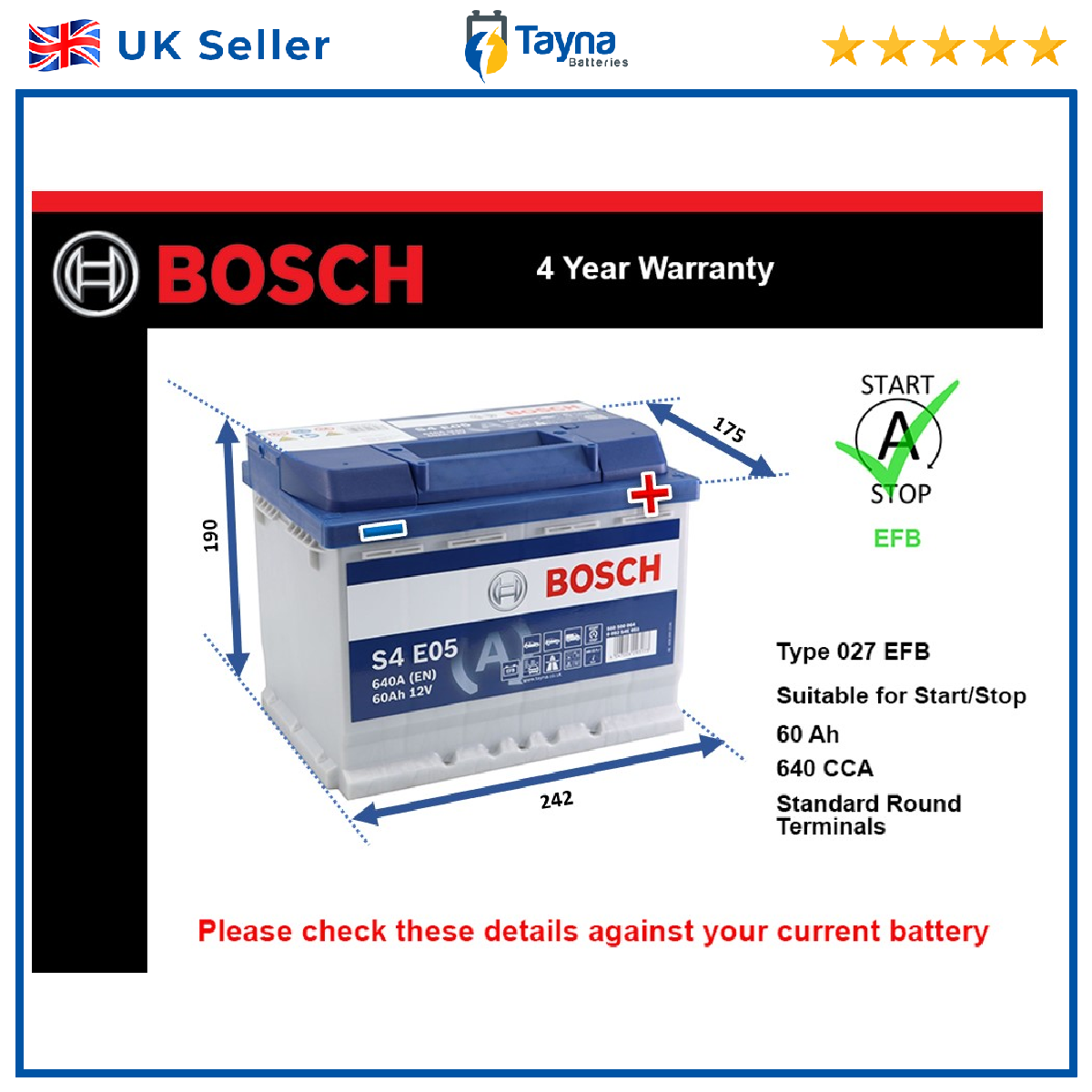 EFB Car Battery fits CITROEN C1 BERLINGO MULTISPACE C4 CACTUS C2 Bosch