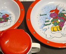 Elandia Barney Baby Dish Set Plate Bowl Cup w/ Lid Red/White MPN 9303