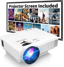 1080P Mini Projector with Screen Bundle, Two-Way Bluetooth HDMI Outdoor Indoor