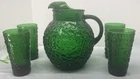 Vintage Anchor Hocking Forest Green Crinkle Glass Pitcher + 4 glasses