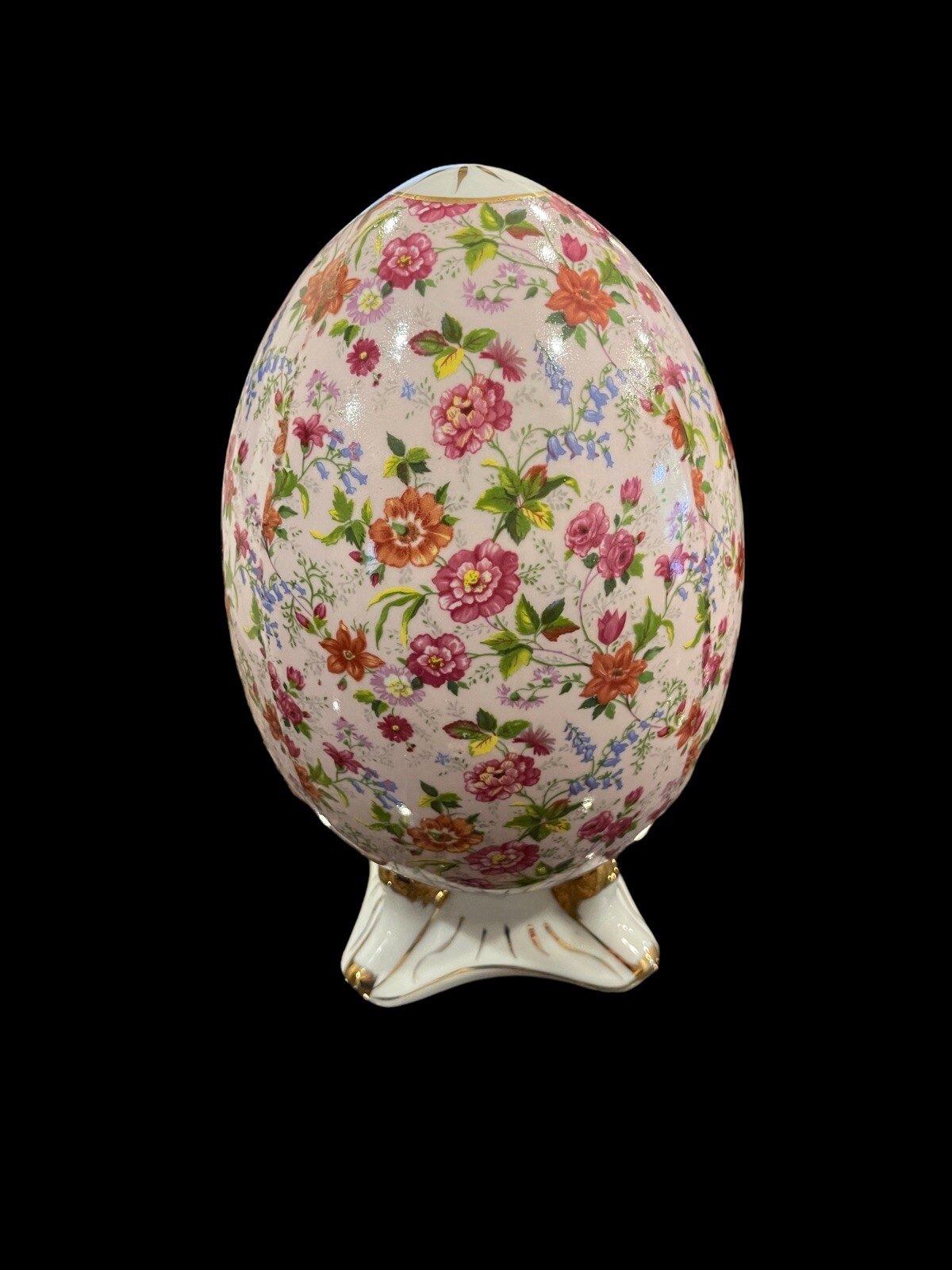Vintage Formalities Baum Brothers Footed Chintz Flowers Victorian Egg Gold Trim