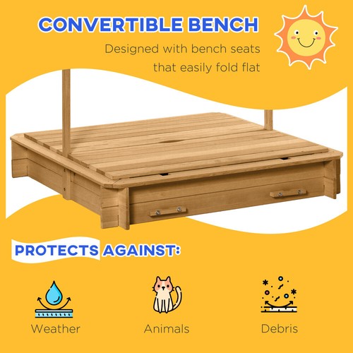 Wooden Kids Sandbox with Cover, Foldable Bench Seats, Adjustable Canopy, Brown - Picture 8 of 11
