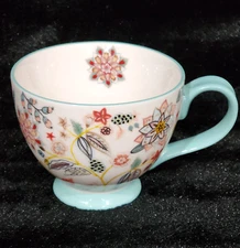 Potter's Studio Aqua Blue Floral Leaves Mug Ceramic 4" Pink White Paisley Fall