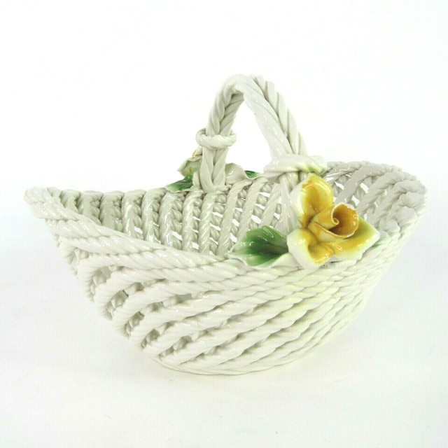 Collectible Ceramic Rope Weave Basket with Handle Floral Trim Ivory eBay