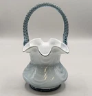 Fenton Blue Gray Cased Glass Overlay Basket Drapery Pattern Twist Handle Ruffled