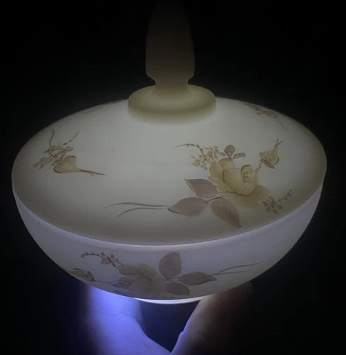Fenton Handpainted Roses Satin Glass Covered Candy/Trinket Dish Uranium? Signed