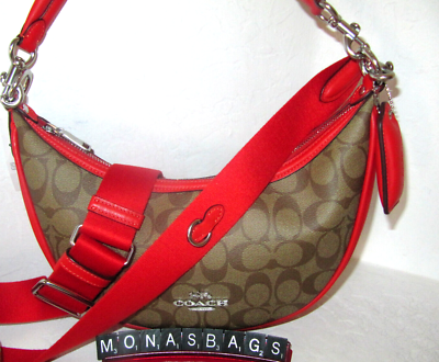 Coach CR283 Aria Shoulder Bag Crossbody Khaki Signature Miami Red