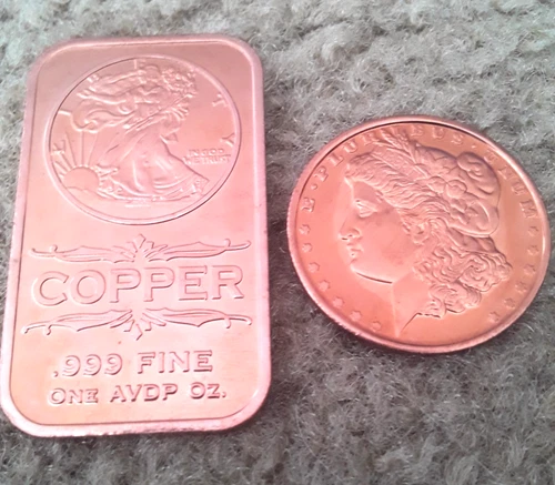 1 oz fine walking liberty copper bar plus 1/4 oz morgan copper rounds