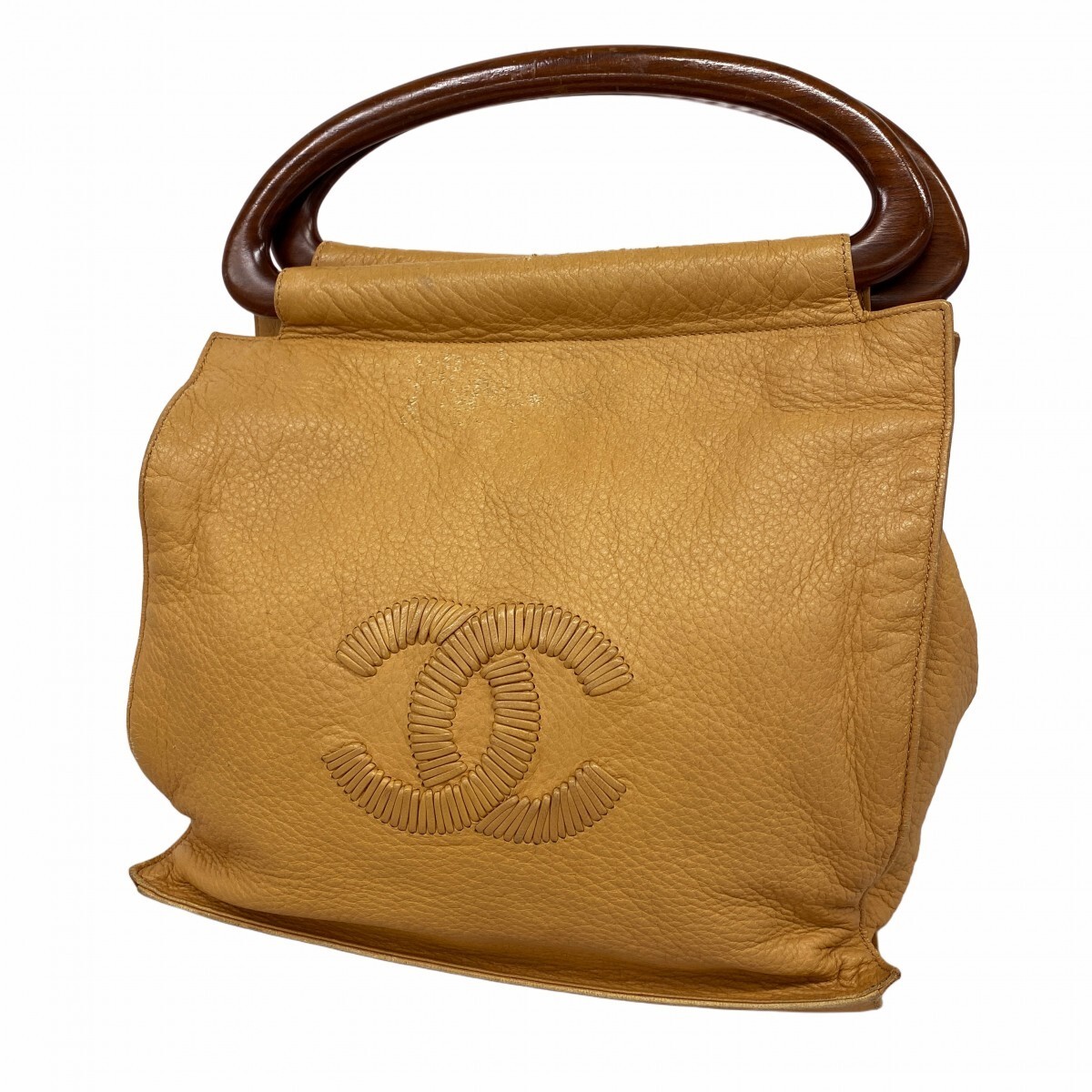 CHANEL 5GB1503 Beige Leather Handbag with Gold Hardware Used Ladies
