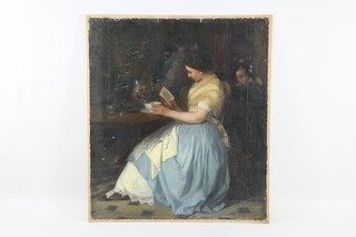 Q15V15 Late Biedermeier Painting Interior Reading Lady Signed Slavka 1860