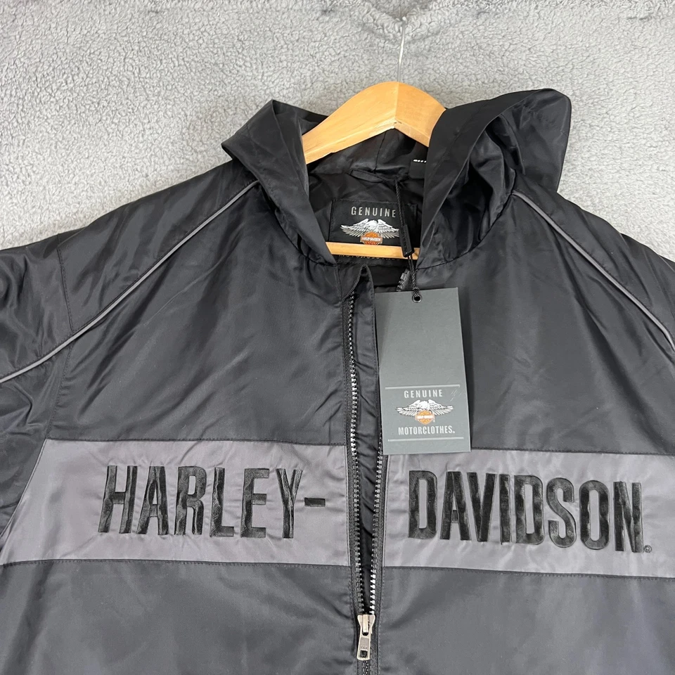 Harley Davidson Jacket Mens L Motorcycle Nylon Rain Black/Grey Embroidered Hoody - Image 2 of 4