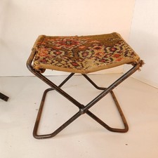 Antique Carpet Tapestry Folding Foot Rest for Carriage Car or Sleigh Vtg Stool