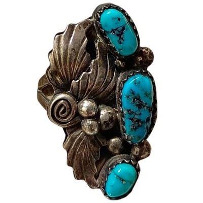 masterpiece Navajo Sterling Silver Hand Cut Morenci Turquoise Ringsz7 