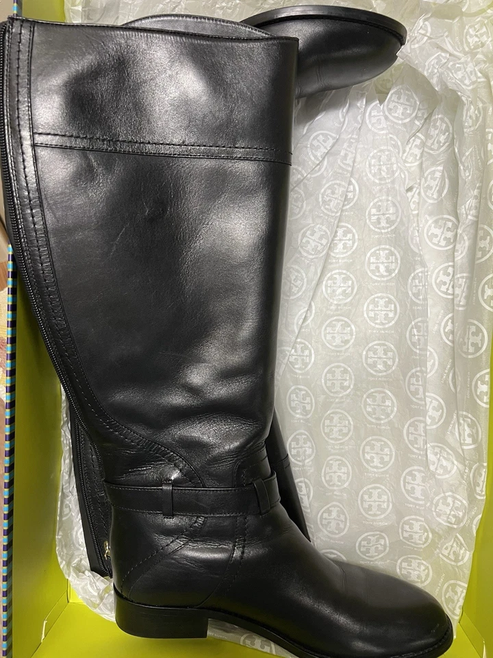 TORY BURCH ADELINE~ TALL RIDING BOOTS~ BLACK WITH GOLD~ TB LOGO HARDWARE 8M - Image 2 of 4