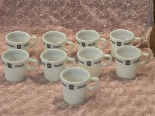 Pyrex Vintage Bradford House Set Of 9 Restaurant Ware Advertising Hotel Mugs