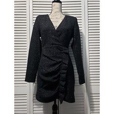 Zara Cocktail Dress Womens Small Black Shimmer Woven Texture Side Ruffle Stretch