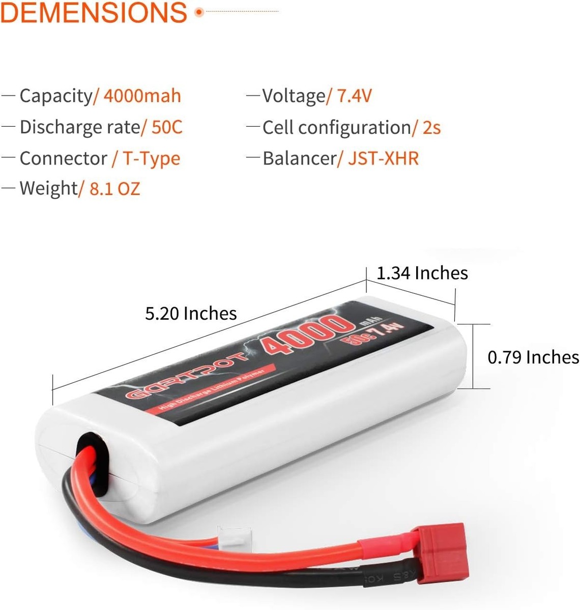 2S 4000mAh 7.4V 50C RC LiPo Battery Hardcase with T Plug for