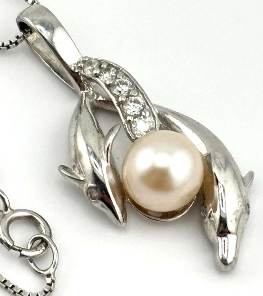 Collar colgante vintage MOTA 925 plata esterlina doble perla cultivada de delfín circonita cúbica Foto 4 de 4