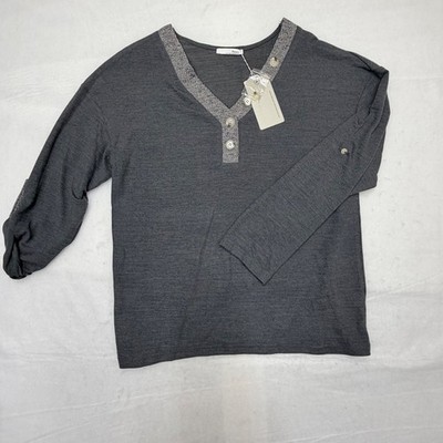 Messic Womens Charcoal Grey V-Neck Roll Tab Sleeve Henley Knit Top Size Medium