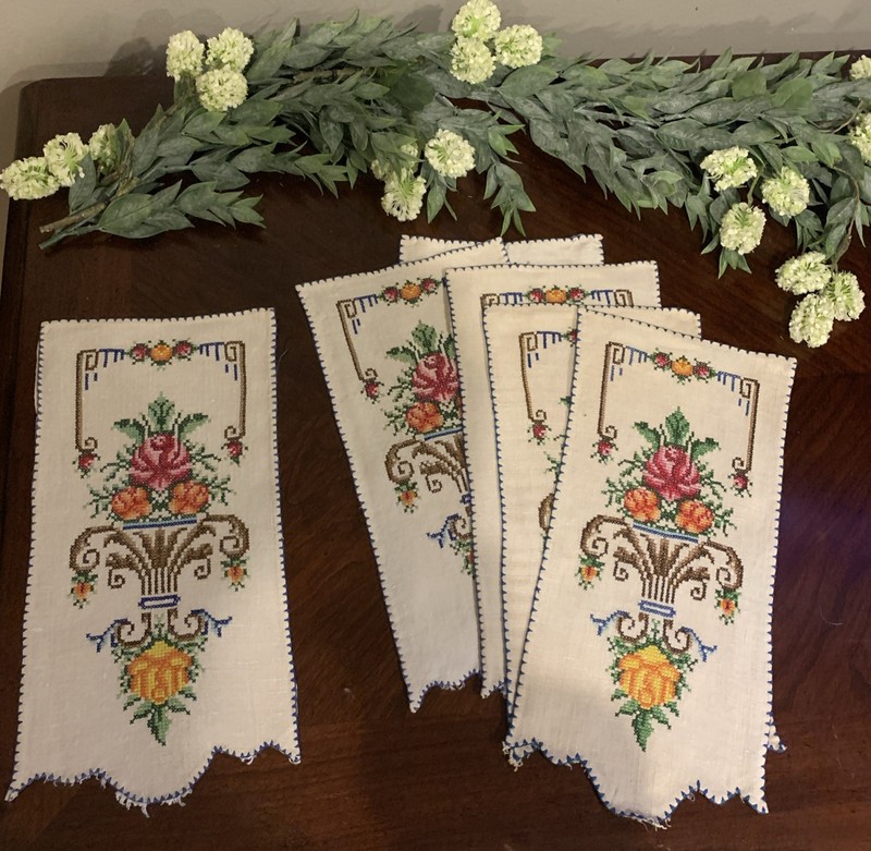 Set of 6~Antique~Handmade~Cross-Stitch~Table Linens~Beige~Floral~10” X 5”