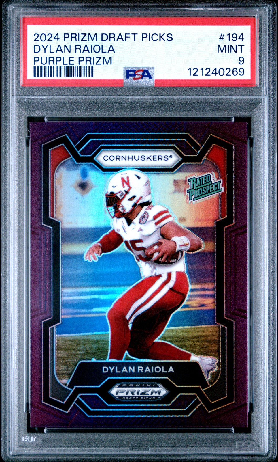 2024 PANINI PRIZM DRAFT PICKS PURPLE PRIZM #194 DYLAN RAIOLA 62/75 PSA 9