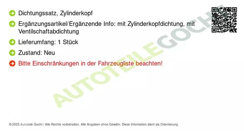 Zylinderkopfdichtungssatz B-MAX C-MAX FIESTA FOCUS
