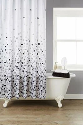 WHITE KAV Vibrant Mosaic Grey Polyester Shower Curtain with 12 Hooks Waterproof