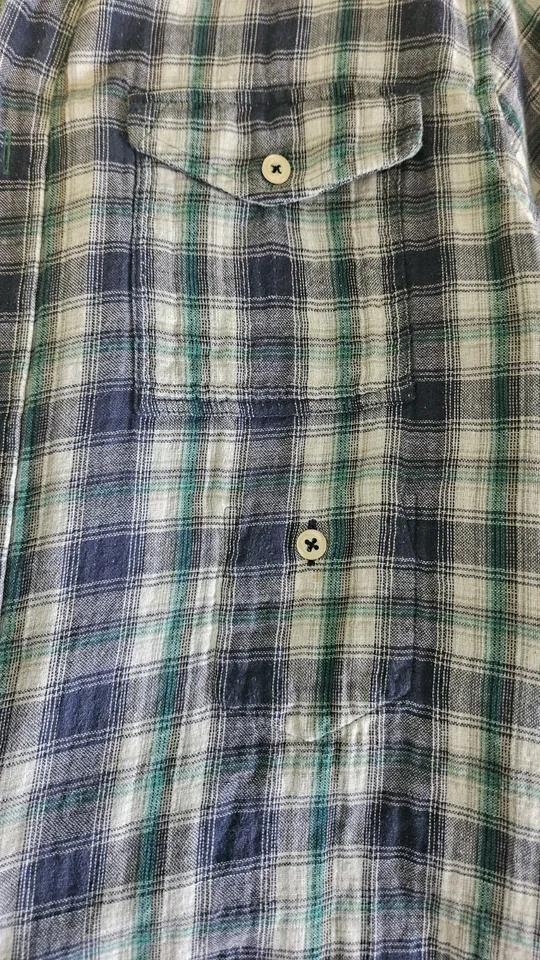 Camisa de franela a cuadros REISS 1971 Vinci para hombre talla mediana azul verde solapa parche bolsillos Foto 4 de 4