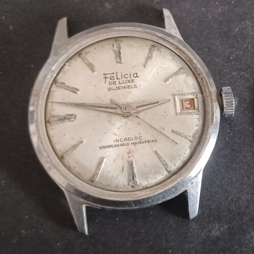 Vintage Felicia Herrenuhr De Luxe 21 Juwelen rot Datum Edelstahlgehäuse selten - Bild 1 von 11