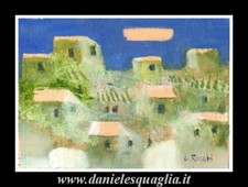 PAESAGGIO CON CASE BORGO ROSATI LUIGI DIPINTO ORIGINALE OLIO  SU CARTA 17X12