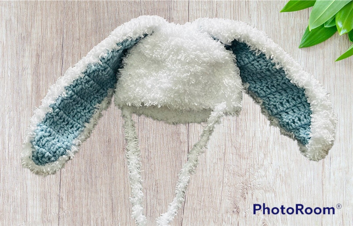 CROCHET BABY EASTER FLUFFY BUNNY BOYS HAT LONG EARS 0-3 MONTHS