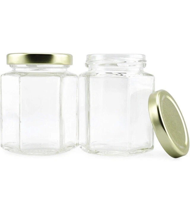 6-Ounce Hexagon Glass Jars (12-Pack) Empty Hex Jars w/Gold Lids, NEW - Image 2 of 4