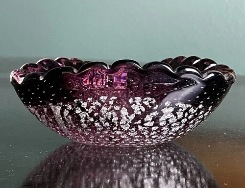 VTG MCM Murano Art Glass Argento  & Amethyst Bullicante Scalloped Trinket Dish