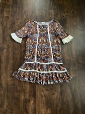 Matilda Jane Brown Boho Floral Intermission Lace Trim Prairie Dress Size Medium