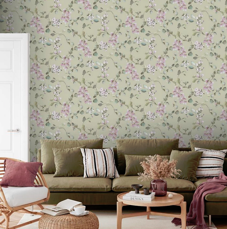 B&Q -  Elegant Homes Rosalie Floral Flowers Leaf Trail Sage Green Lilac Wallpaper - Image 4
