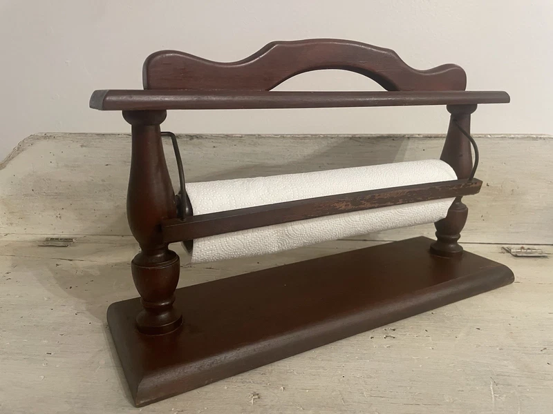 Vtg Countertop Paper Towel Holder Handled Wooden Replica Butcher Paper Dispenser