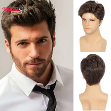 Mens Brown Short Wig Layered Natural Wigs for Male Guy Synthetic Hair Cosplay Da