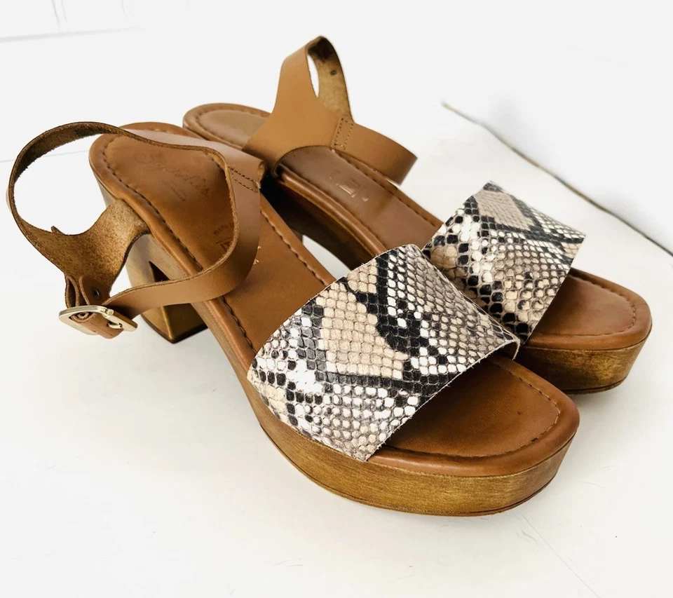 Seychelles Platform Heels Leather Snakeskin Size 9 Ankle Strap Italy Wood Block - Image 3 of 4