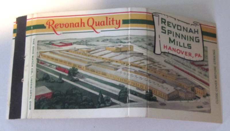 Vintage Matchbook Cover Revonah Spinning Mills Hanover, PA Carpet Yarns Malcom