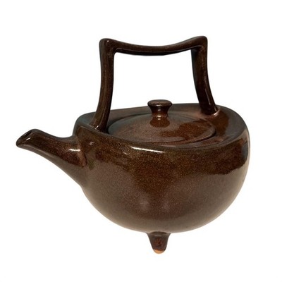 Vtg Rustic Ceramic Teapot Brown Glaze Unique Handle Footed Design Asan Tripod