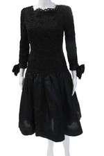 Oscar de la Renta Women Fit & Flare Black Square Neck 3/4 Sleeve Dress Size 4