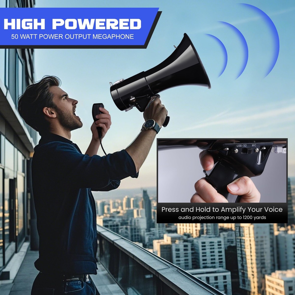 MyMealivos Bluetooth Megaphone with Siren Bullhorn 50 Watt