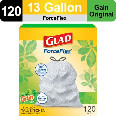 UN BRAND Forceflex Tall Kitchen Drawstring Trash Bags, 13 Gallon, Gain Original with Febr