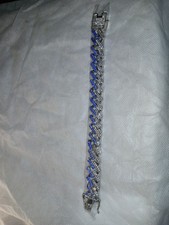 Cuban Link Chain Bracelet Silver Blue Metal B...