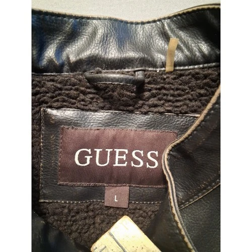 Guess Jacket Mens L Dark Brown Leather Cafe Racer Sherpa Lined Full Zip image 3