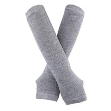 Women Long Fingerless Gloves Knitted Arm Warmers Thumbhole Stretchy Gloves Gray