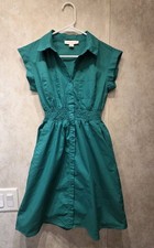 Monteau Los Angeles Emerald Green Smocked Waist Midi Shirt Dress Button Down M