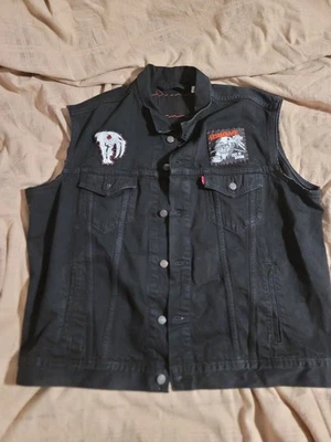 Levi's Mens 2xl Death Metal Patched Denim vest, red thread embroidered patches. - Image 1 of 4