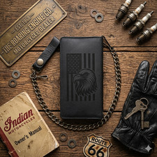 US Flag Eagle Genuine Leather Biker Long Wallet With Chain Black BiFold Wallet
