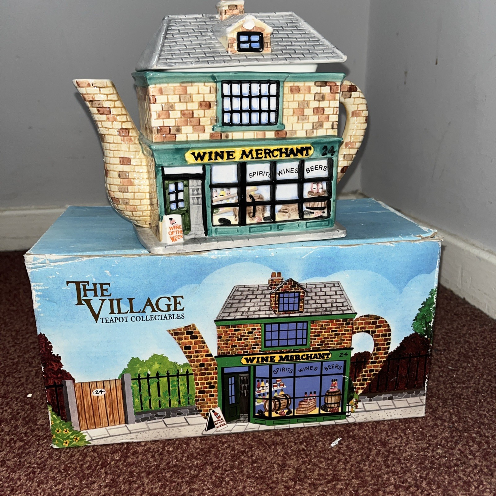 De colección 1991 Annie Rowe - Tetera The Village coleccionables comerciante de vino en caja